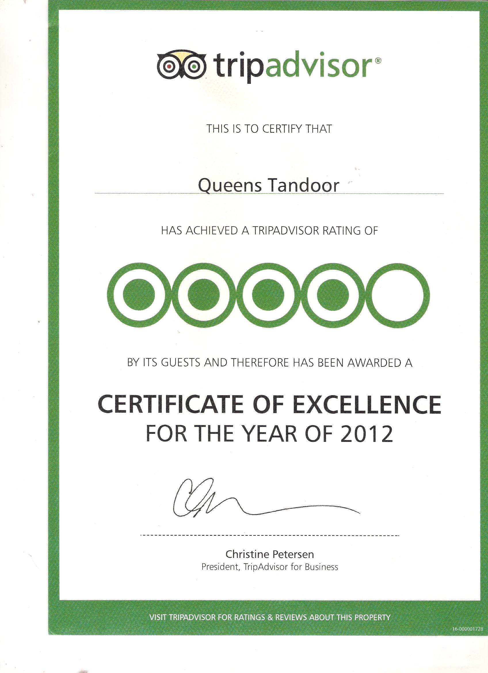 Certificate Of Excellence Queens Tandoor from Tripadvisor 2012